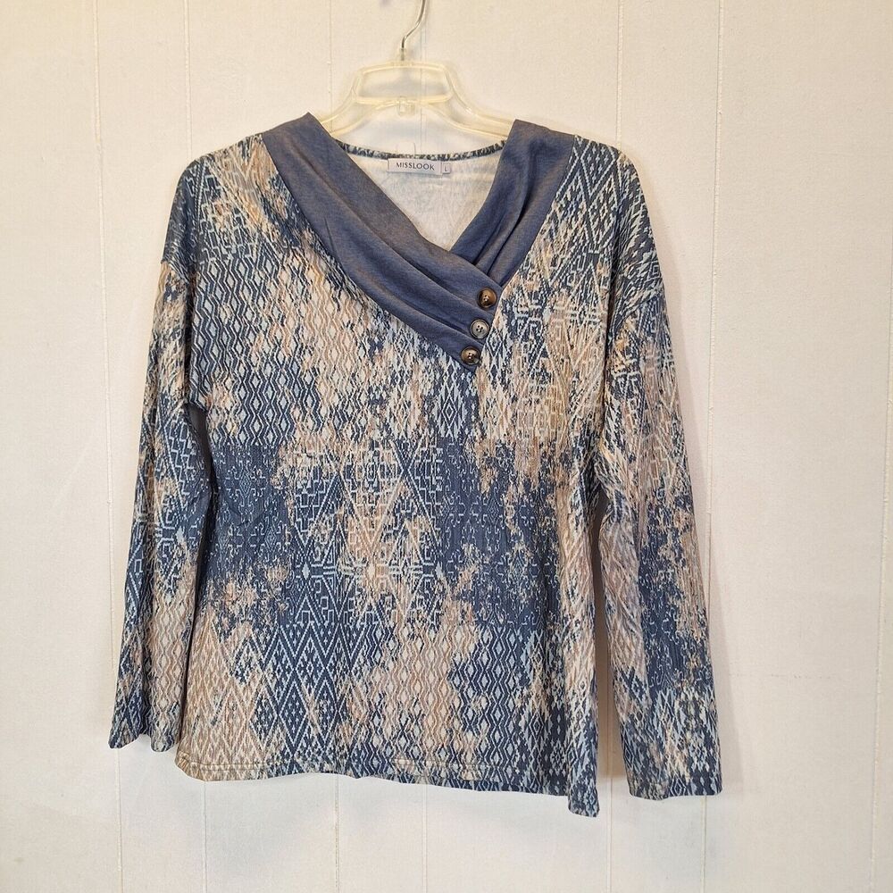Misslook Blouse Women's Large Multi Colored Brown Asymmetrical Neckline